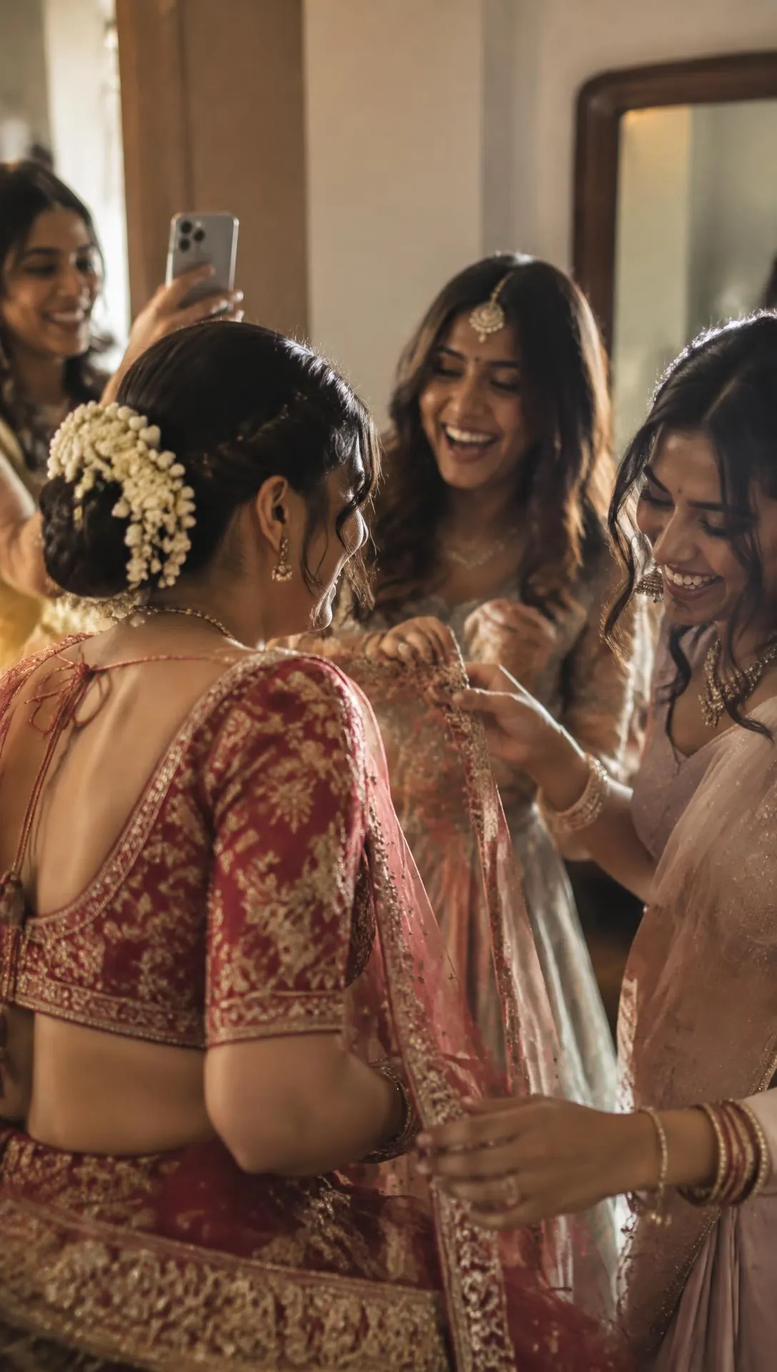 The bride's friends laughing and arranging her dupatta while one films on a phone