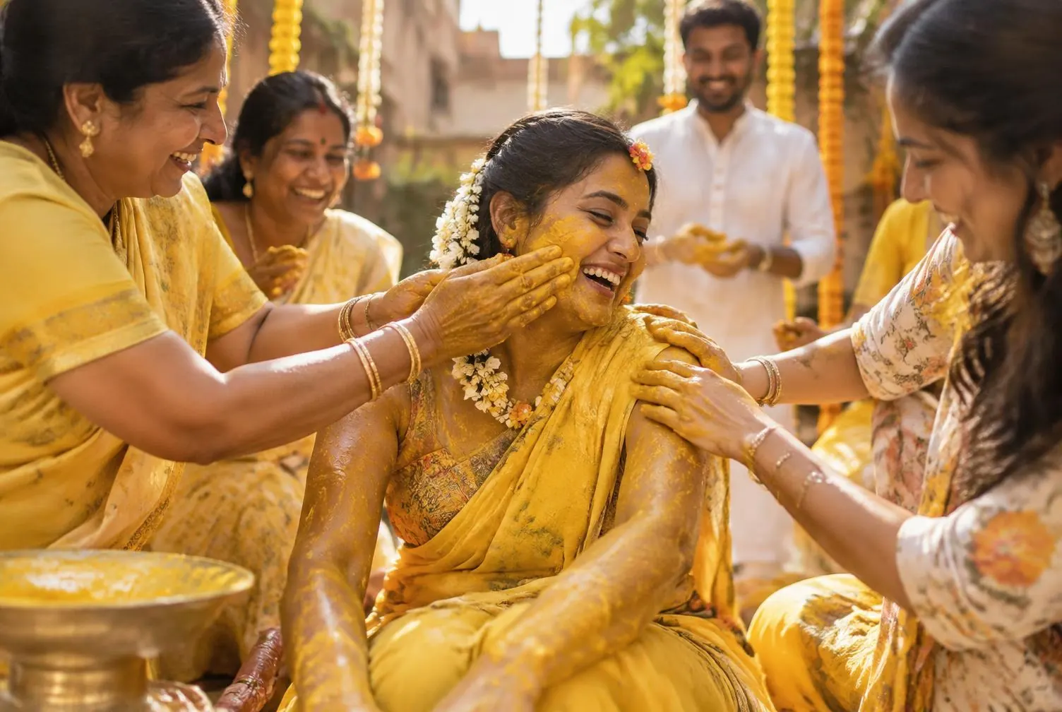 Family members laughing as they apply turmeric to the bride during a haldi ceremony