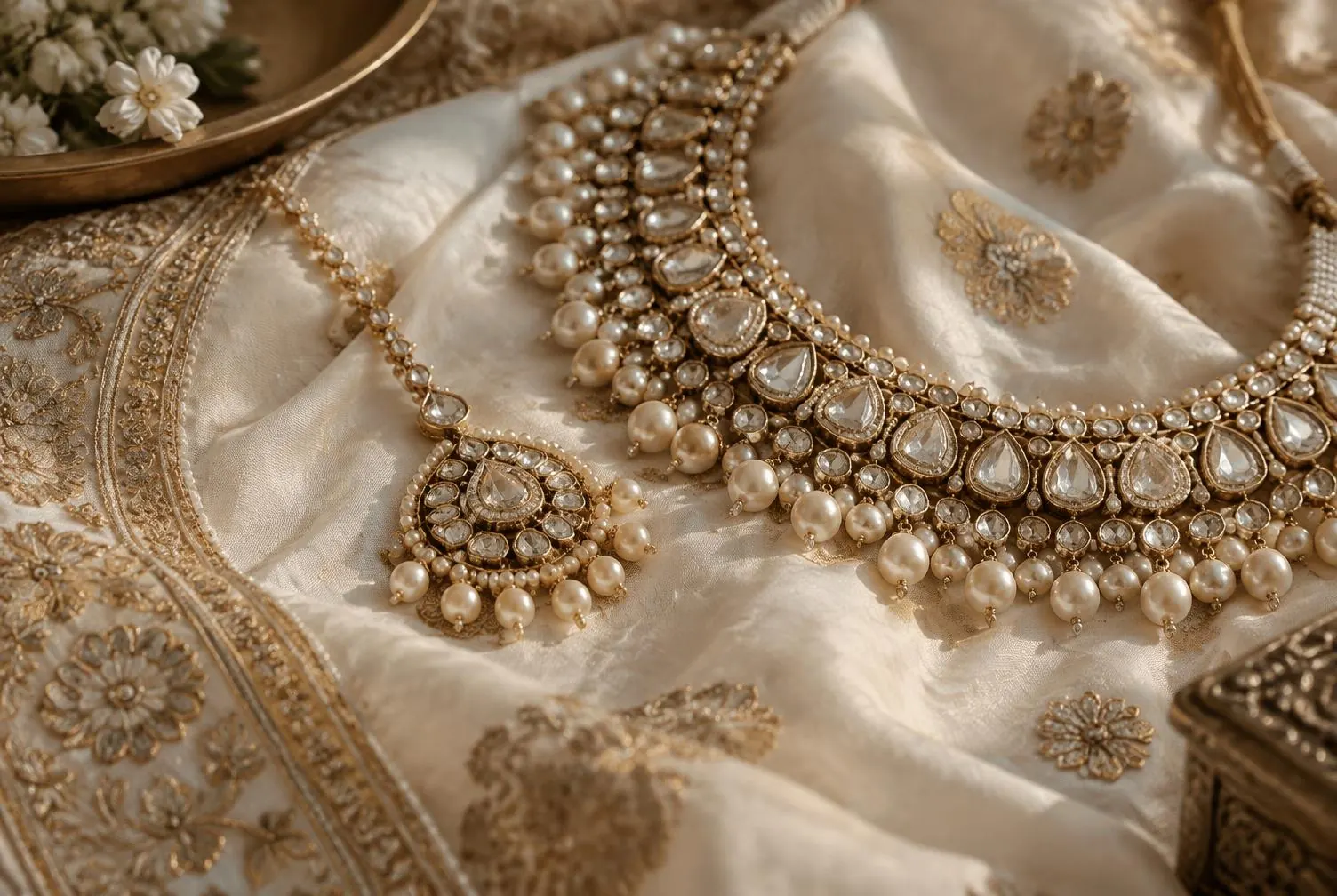 Kundan bridal necklace and maang tikka laid on ivory silk with gold embroidery