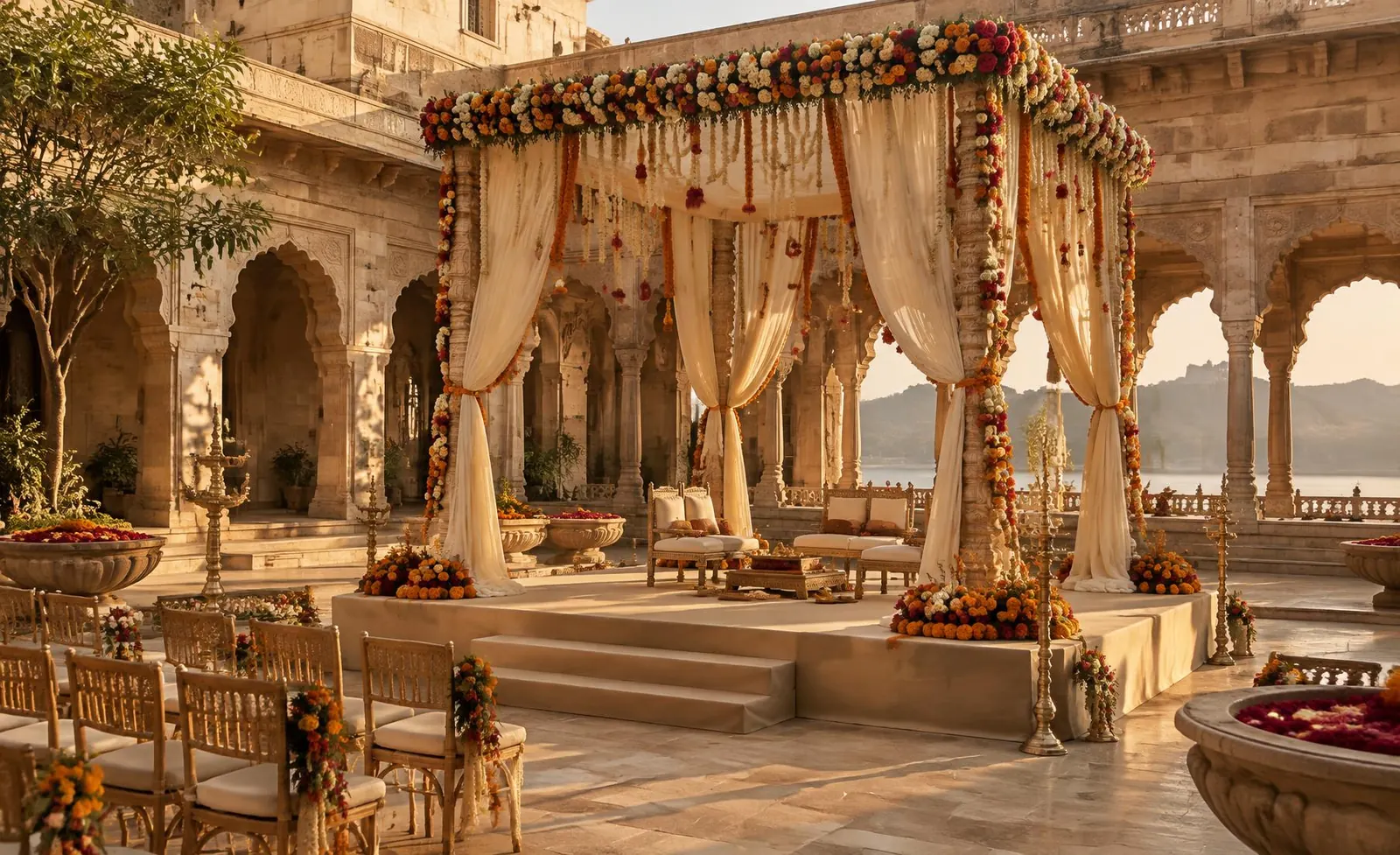 A wedding mandap draped in ivory fabric and marigolds in a stone courtyard at golden hour