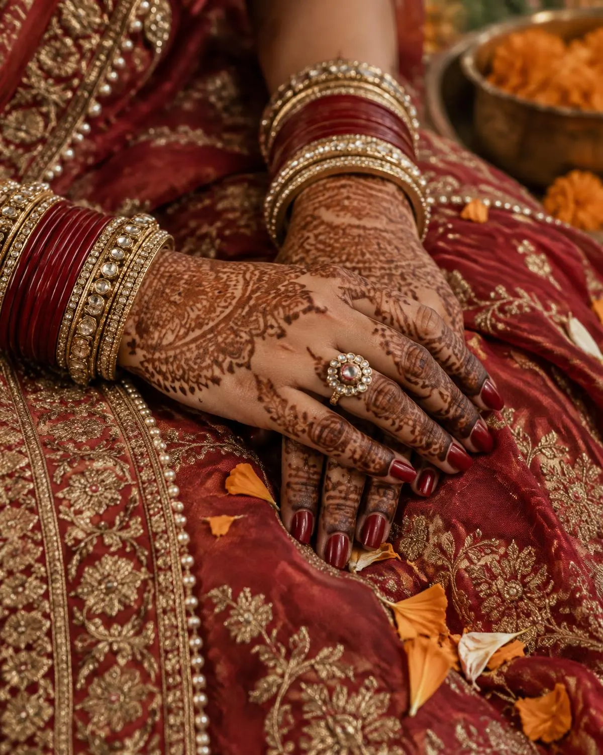 Close-up of a bride's hands with dark mehendi and red bangles resting on embroidered red silk